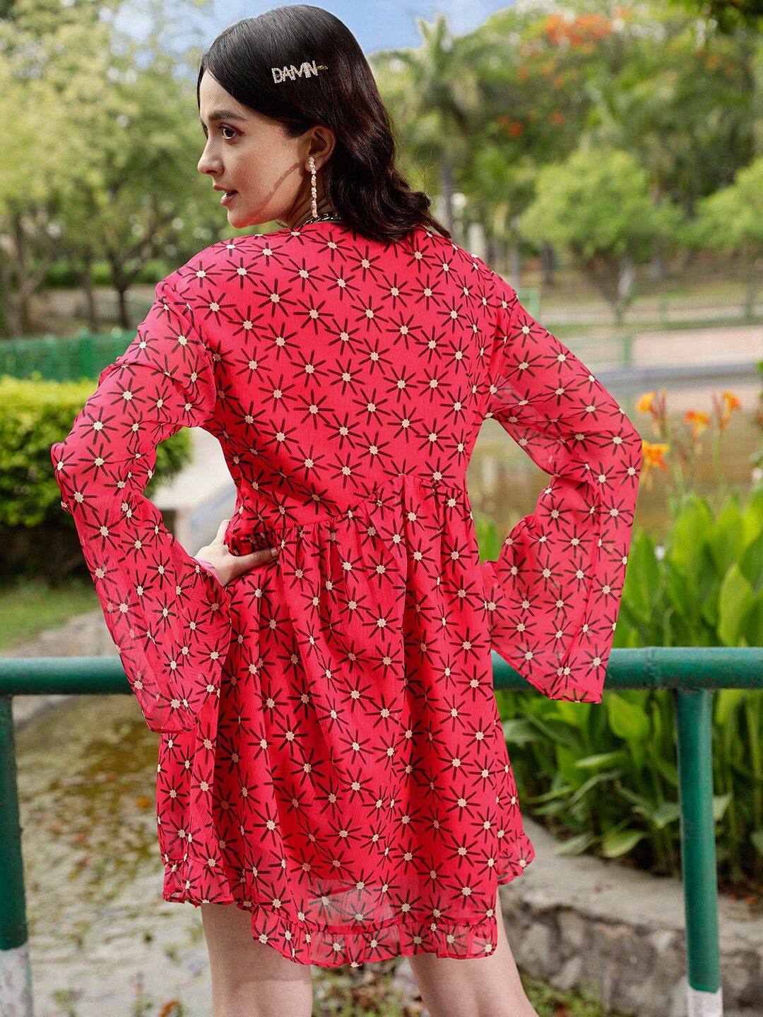 STREET 9 Fuchsia Floral Print Bell Sleeves Fit & Flare Mini Dress