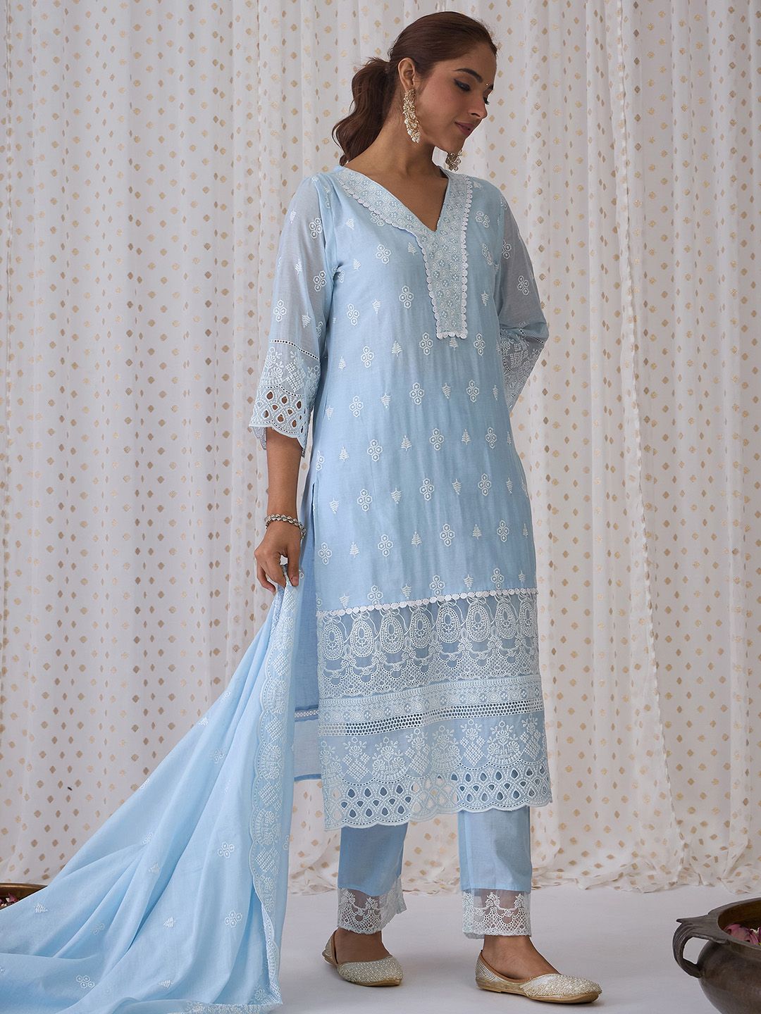 Indo Era Blue Floral Embroidered Thread Work Pure Cotton Kurta With Trousers & Dupatta