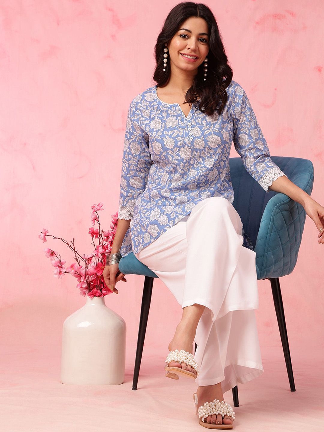 Anouk Blue Floral Printed Straight Pure Cotton Short Kurti
