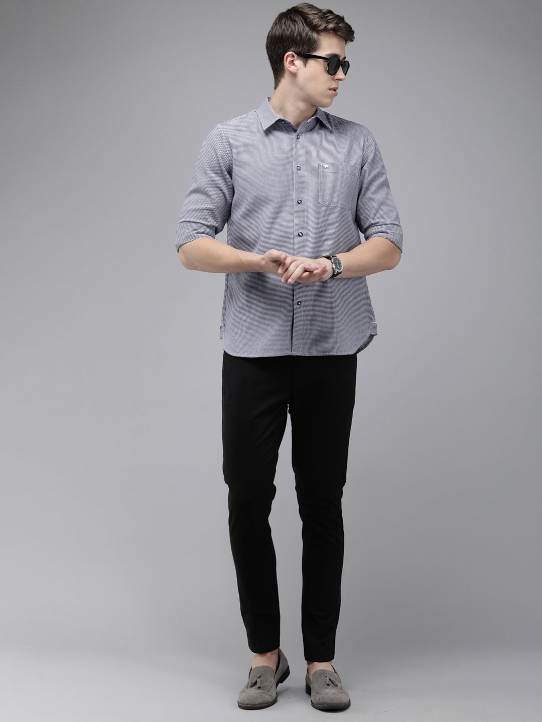 THE BEAR HOUSE Men Slim Fit Houndstooth Checked Pure Cotton Casual Shirt