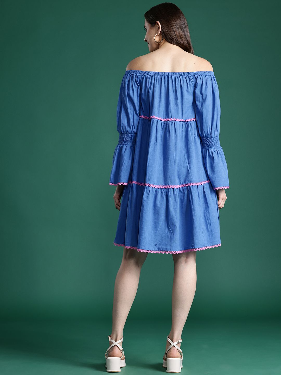 DressBerry Pure Cotton Off-Shoulder Bell Sleeves Tiered Bardot Dress