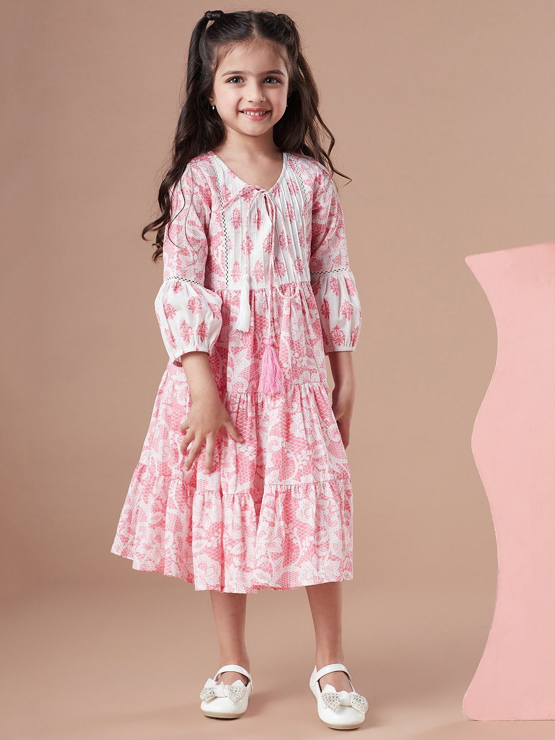 pspeaches Girls Tiered Floral Print Tie-Up Neck A-Line Midi Cotton Dress