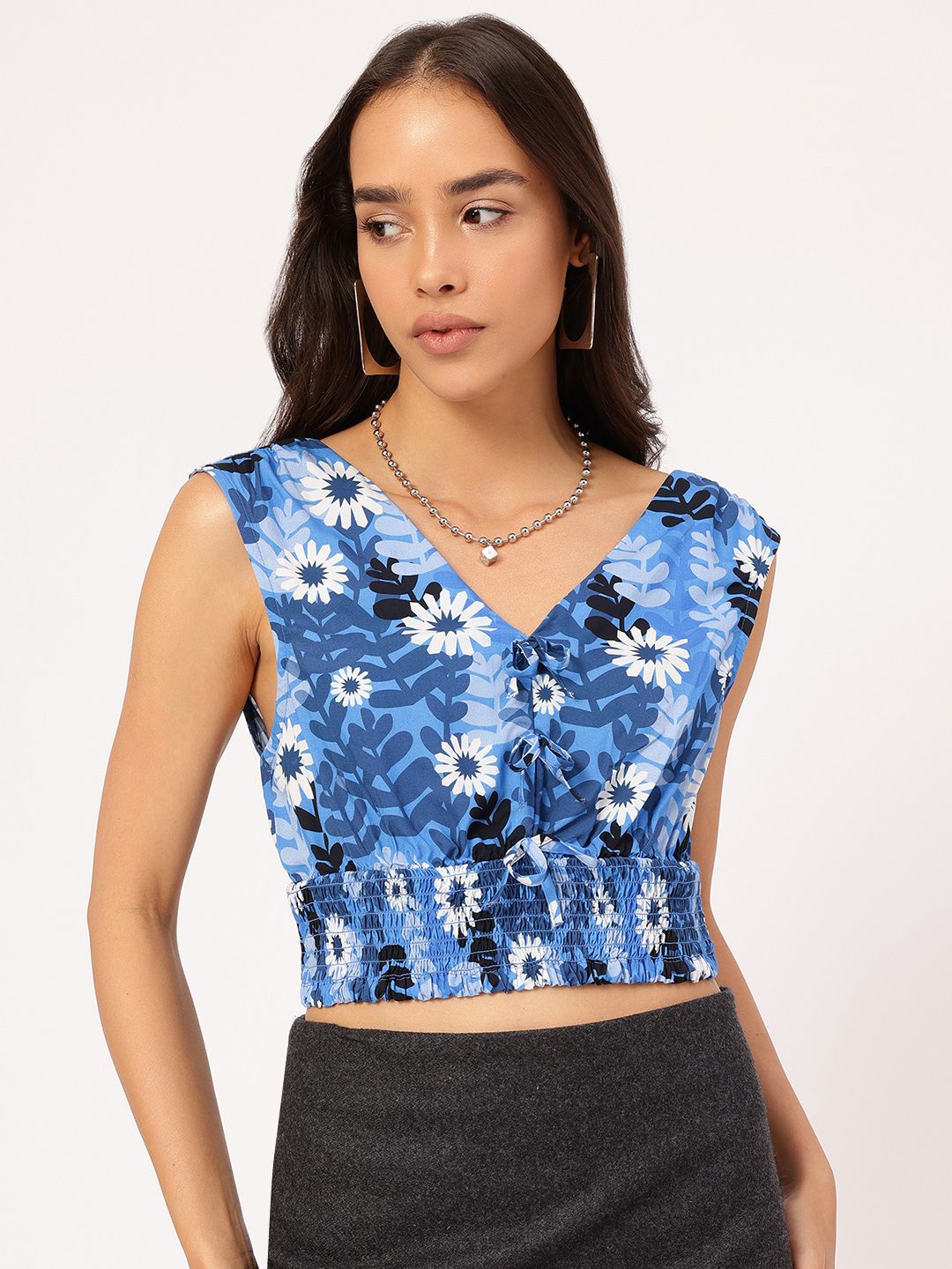 DressBerry Artsy Florals Smocked Blouson Crop Top