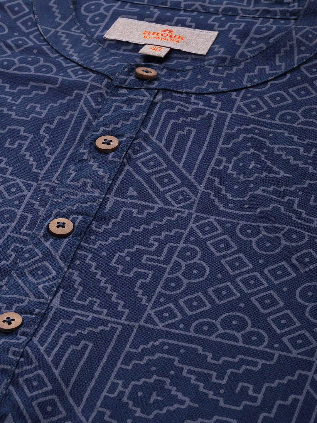 Anouk Men Geometric Printed Cotton Indigo Short Kurta