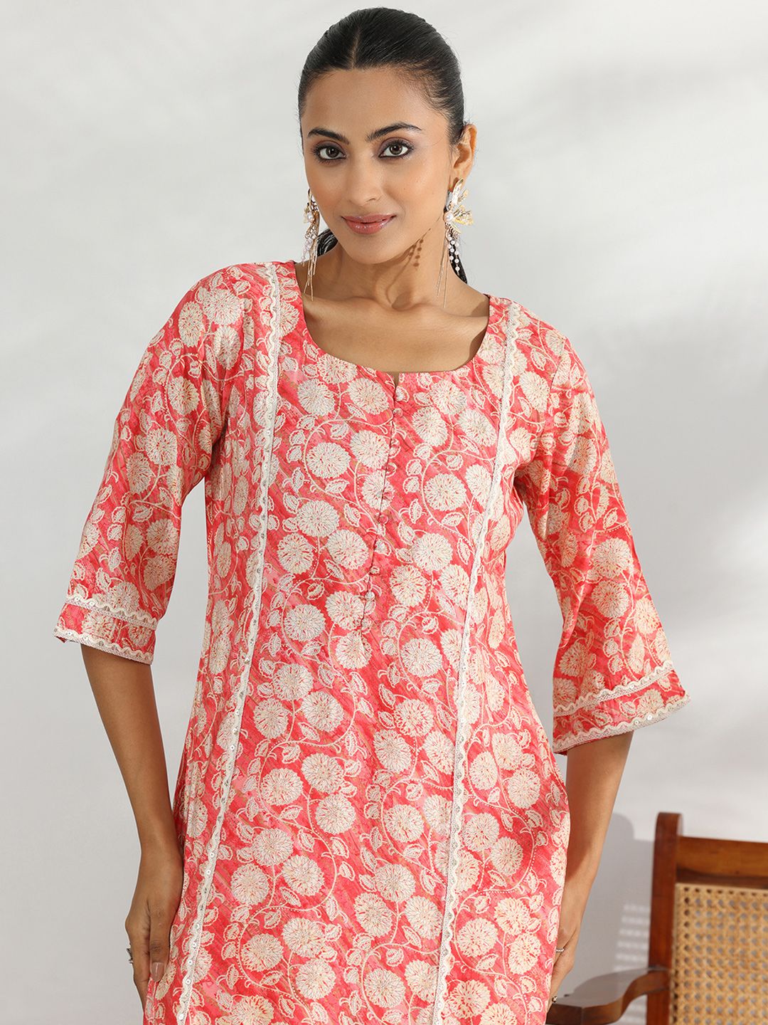 Libas Floral Printed Round Neck Three-Quarter Sleeves Panelled Kurta with Trousers