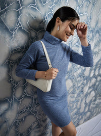 Athena Blue Self Design Turtle Neck Sheath Dress