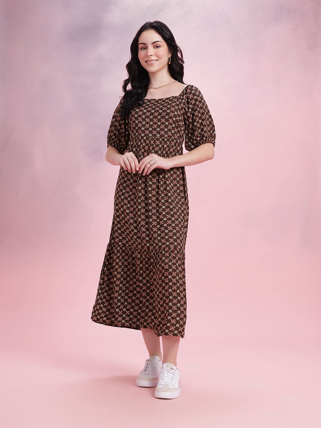 DressBerry Ethnic Print Cut-Out Back A-Line Midi Dress