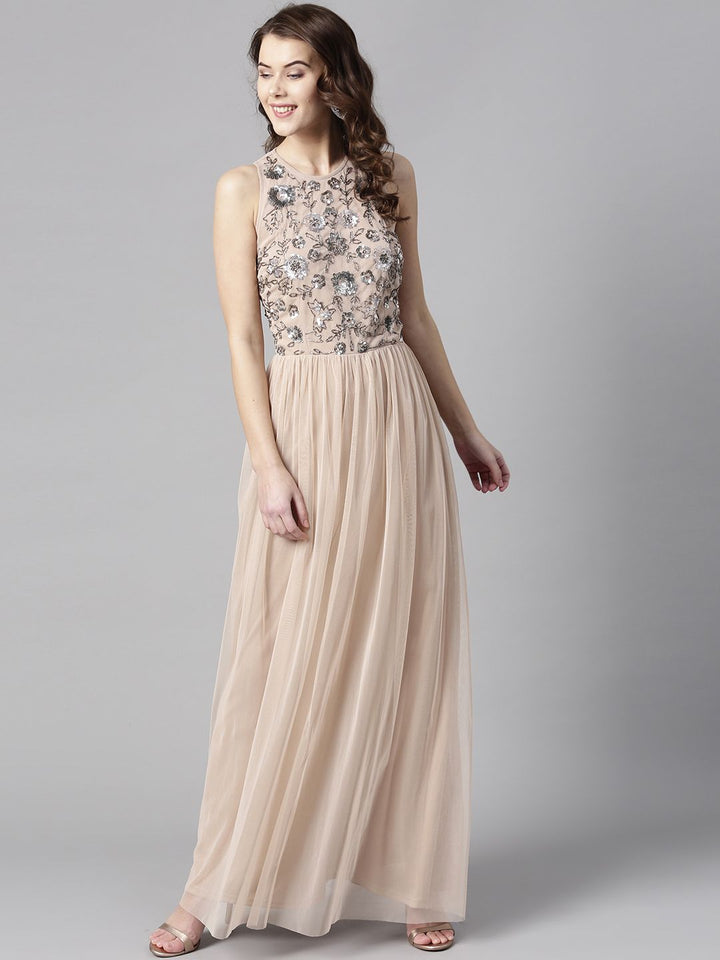 STREET 9 Women Beige Solid Maxi Dress with Embellished Detail