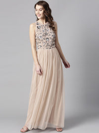 STREET 9 Women Beige Solid Maxi Dress with Embellished Detail