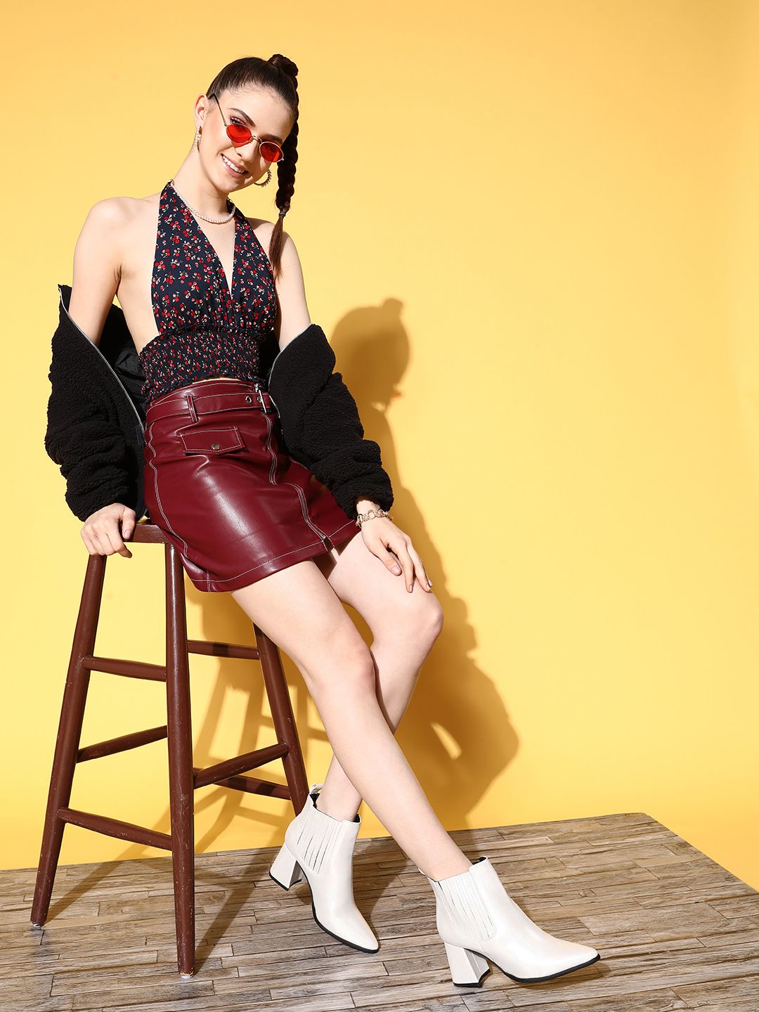 Berrylush Navy Blue Floral Print Halter Neck Smocked Crepe Crop Top