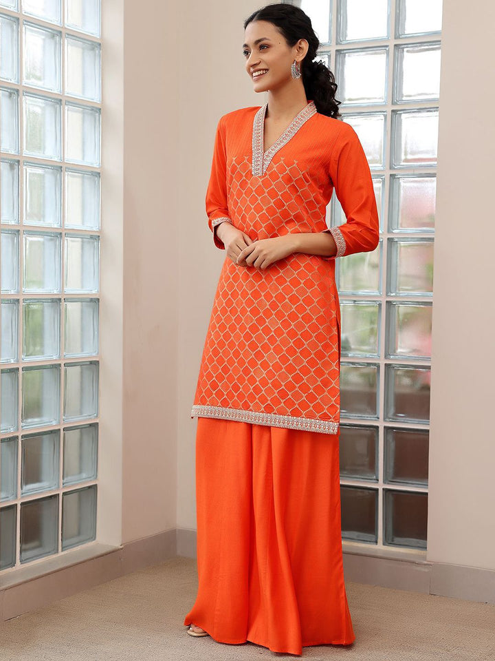 Libas V Neck Regular Sequinned Straight Kurti with Palazzos & Dupatta
