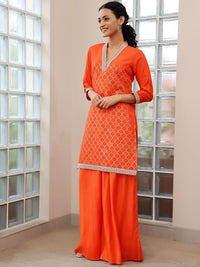 Libas V Neck Regular Sequinned Straight Kurti with Palazzos & Dupatta
