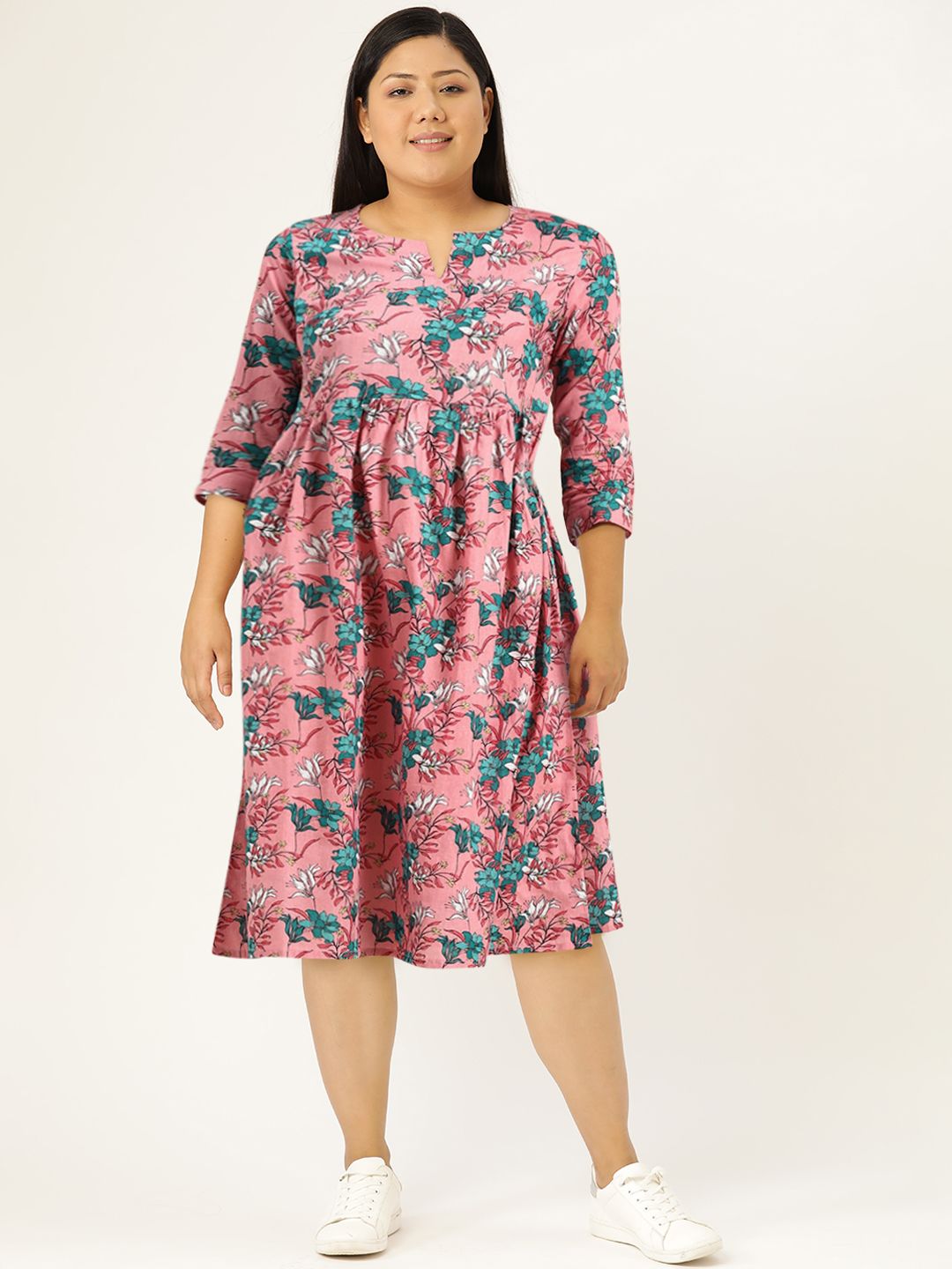 Anouk Women Pink & Blue Ethnic Motifs Print Pure Cotton A-Line Midi Dress