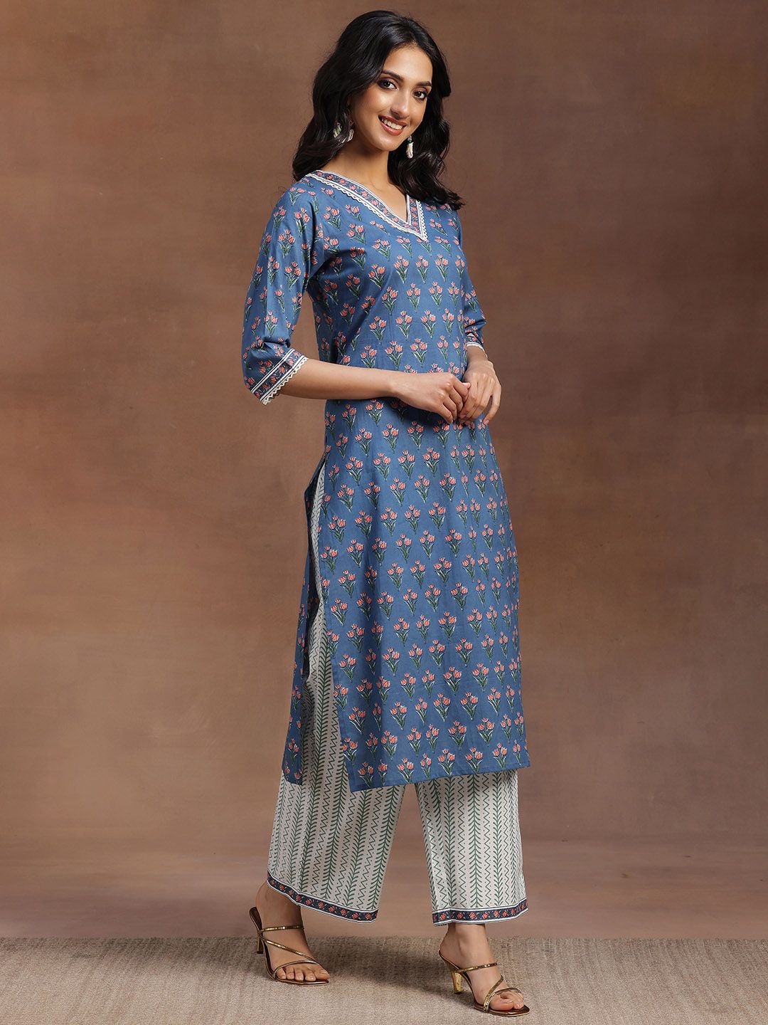 Libas Women Blue Pure Cotton Floral Print Gotta Patti Kurta with Palazzos & Dupatta