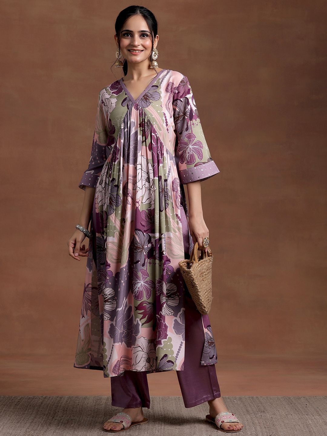 Libas V Neck Flared Sleeves Floral Printed Pleated A Line Kurta with Trouser