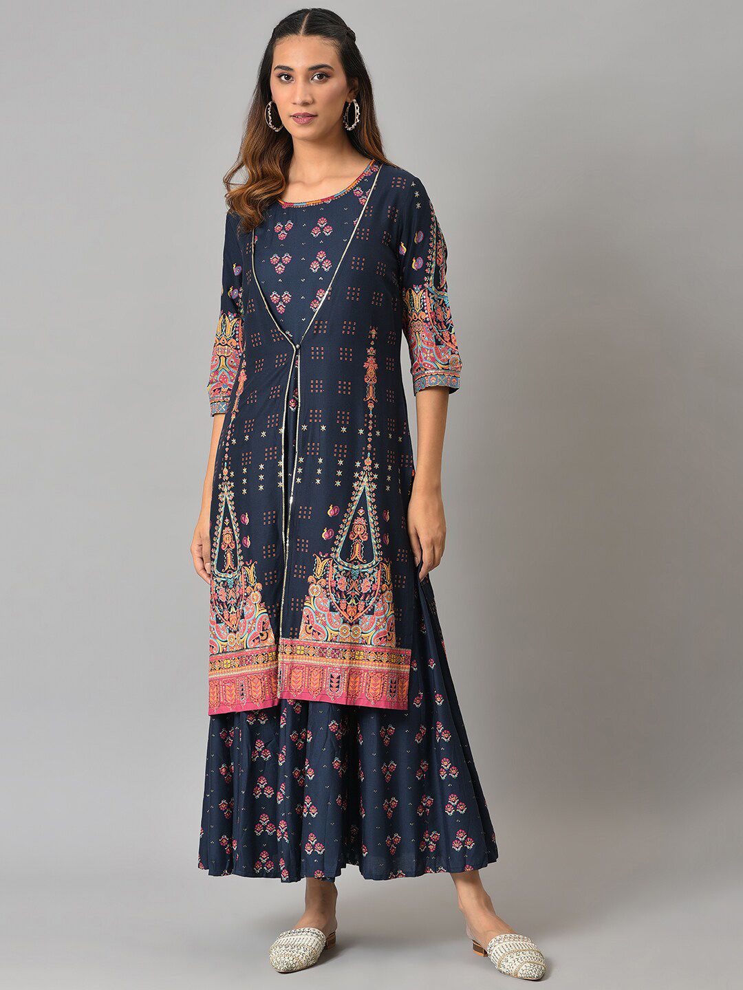 W Blue Ethnic Motifs Layered Ethnic Maxi Dress