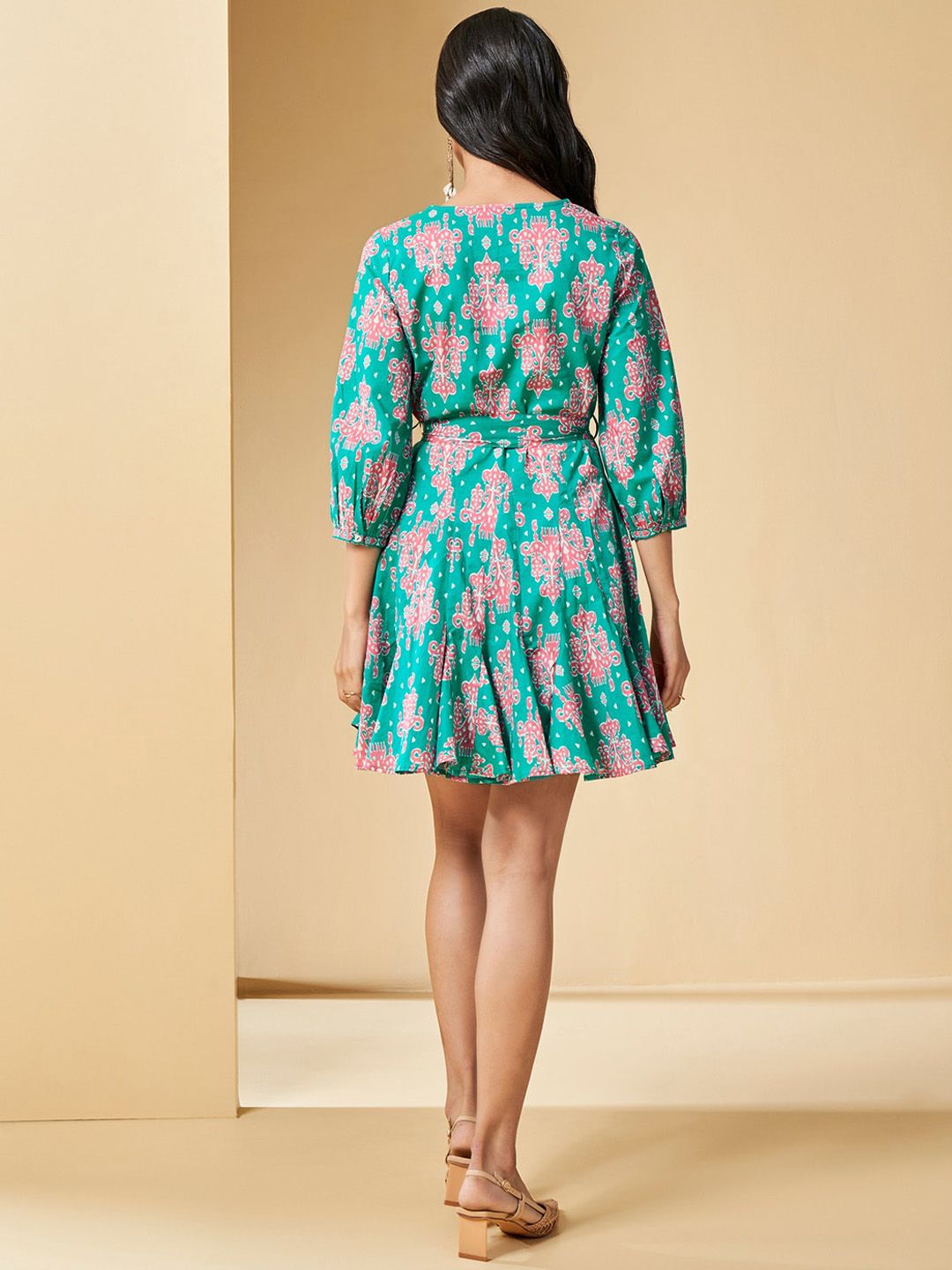 Global Desi Ethnic Motifs Printed Cuffed Sleeves Gathered Cotton Fit & Flare Dress