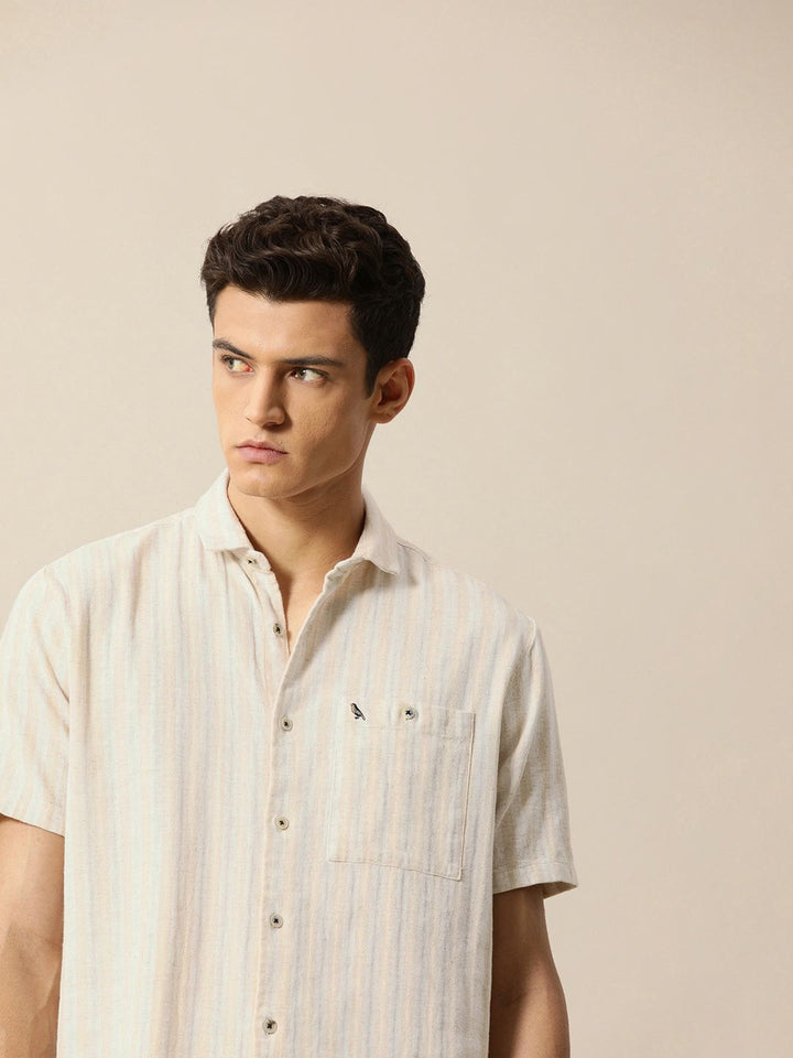 Mr Bowerbird Men Beige & White Striped Casual Shirt