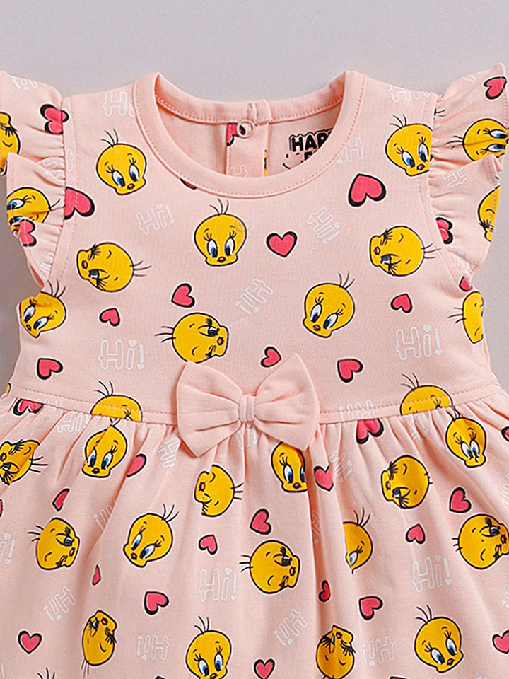 Happy Faces Girls Cotton Printed Flutter Sleeve Fit & Flare Dress