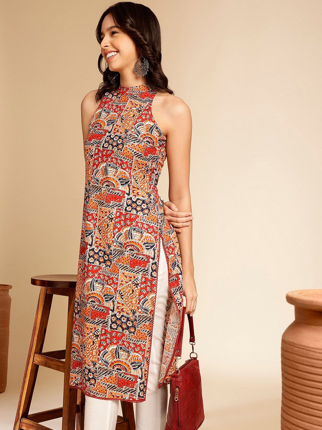 Anouk Geometric Printed Halter Neck Straight Kurta