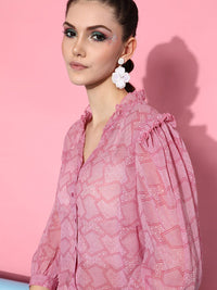 STREET 9 Women Pink Sheer Printed Casual Shirt