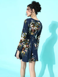 Berrylush Women Navy Blue Floral Self Belted Mini Fit & Flare Dress