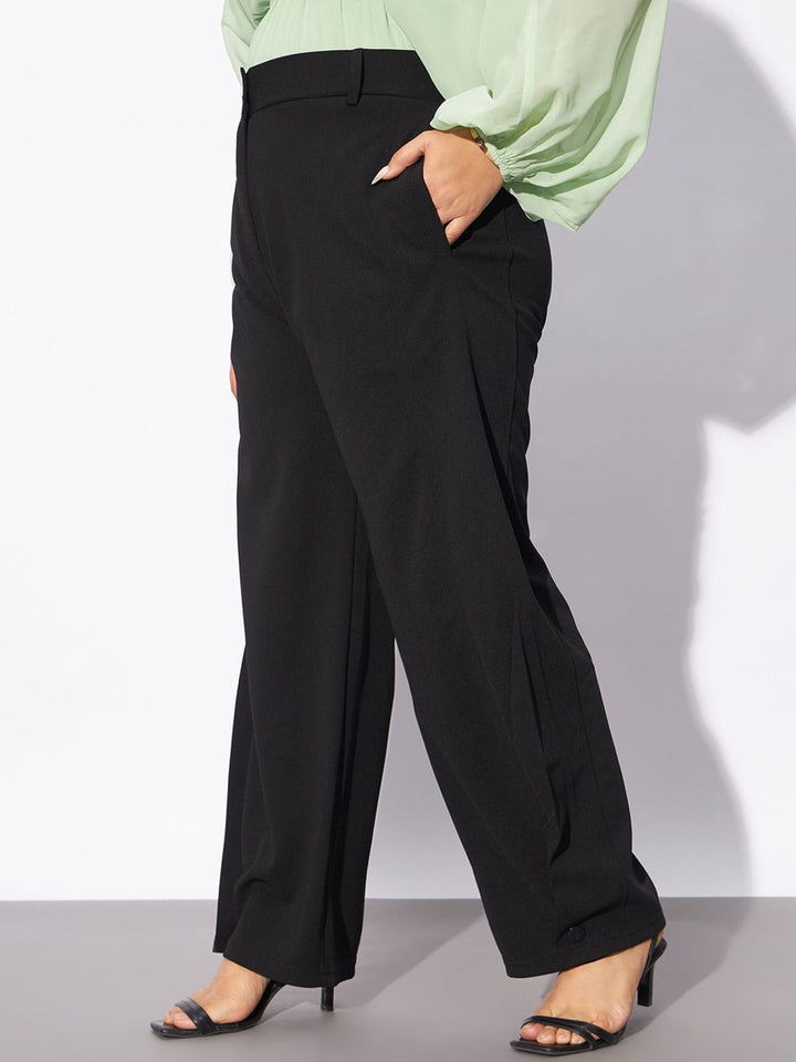 SASSAFRAS Curve Women Plus Size Black Straight Fit Hem Button Detail Parallel Trousers