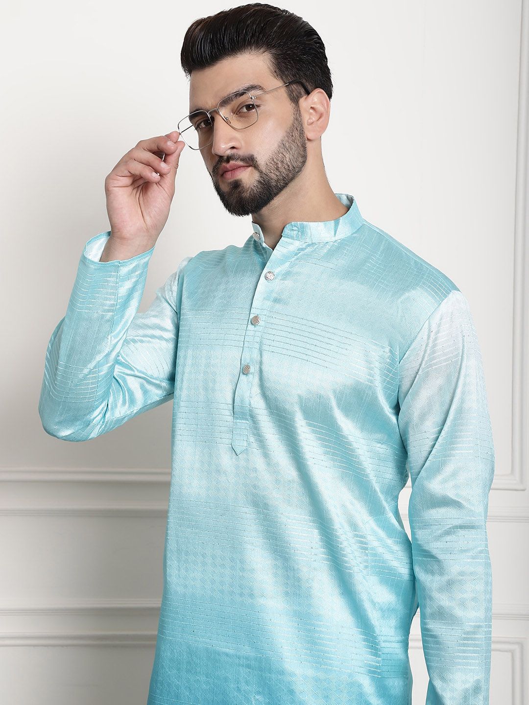 SOJANYA Woven Design Mandarin Collar Silk Cotton Kurta