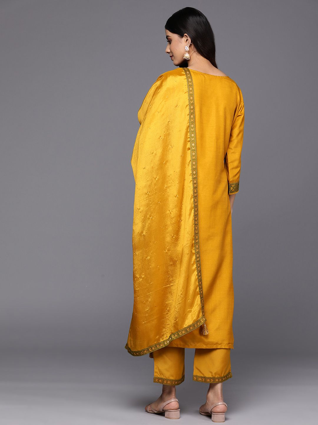 Libas Women Mustard Yellow Floral Kurta with Trousers & With Dupatta