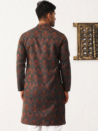 Jompers Ethnic Motifs Printed Mandarin Collar Silk & Cotton Straight Kurta