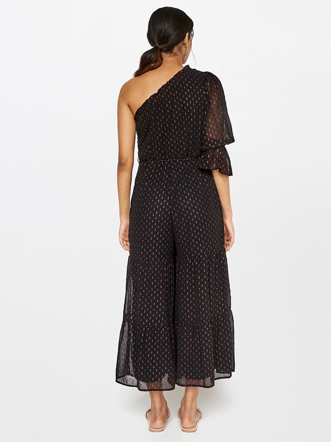 Global Desi Black & Pink Off-Shoulder Printed Jumpsuit