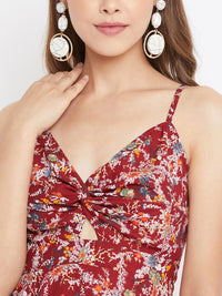 Berrylush Women Maroon Floral Printed Front Twist Knot Fit and Flare Dress