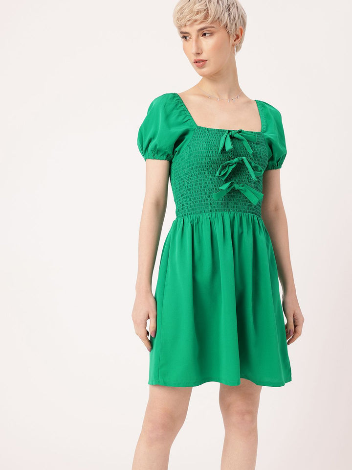 DressBerry Girly Glam Smocked Bows A-Line Mini Dress