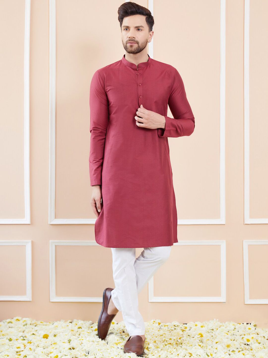 See Designs Mandarin Collar Long Sleeves Thread Work Cotton Kurta