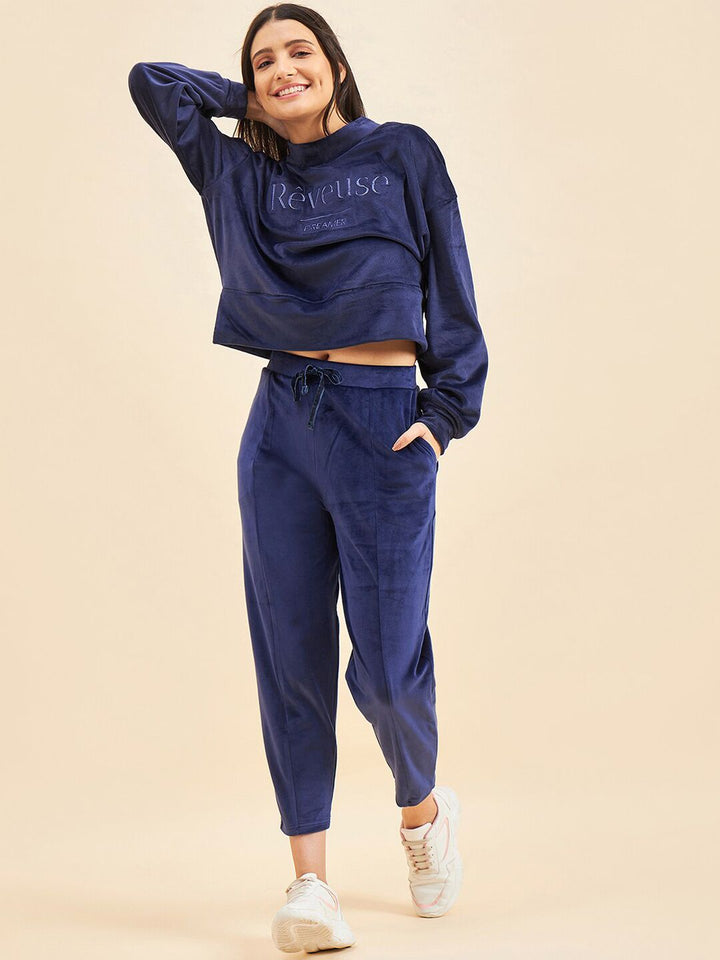 Sweet Dreams Navy Blue Typography Printed Mock Collar Tracksuit