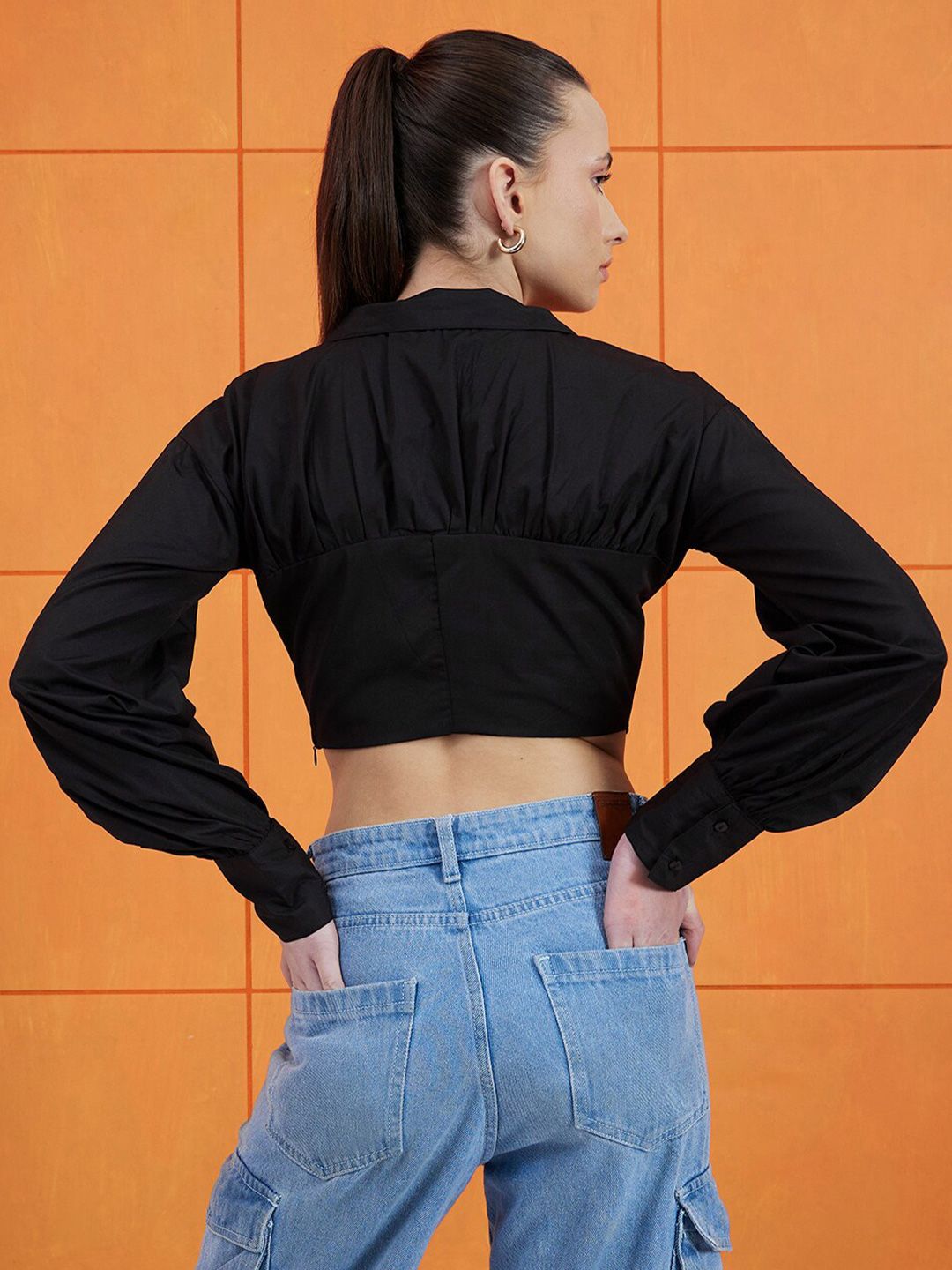 STREET 9 Black Shirt Collar Cuffed Sleeves Pure Cotton Crop Empire Top