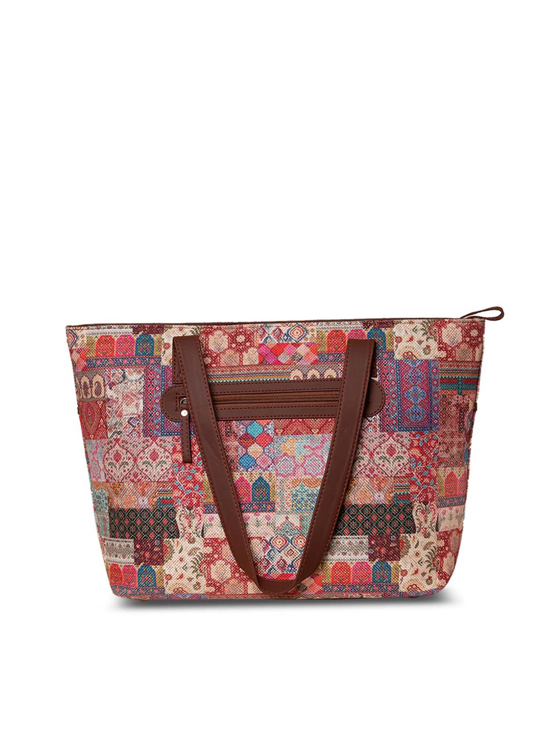 ZOUK Brown & Red Printed Structured Tote Bag