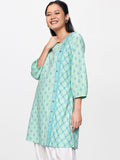 Global Desi Turquoise Blue Printed Tunic with Button Detailing