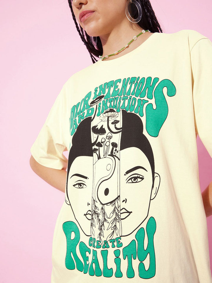 DILLINGER Off White & Green Printed Oversized Pure Cotton Longline T-shirt