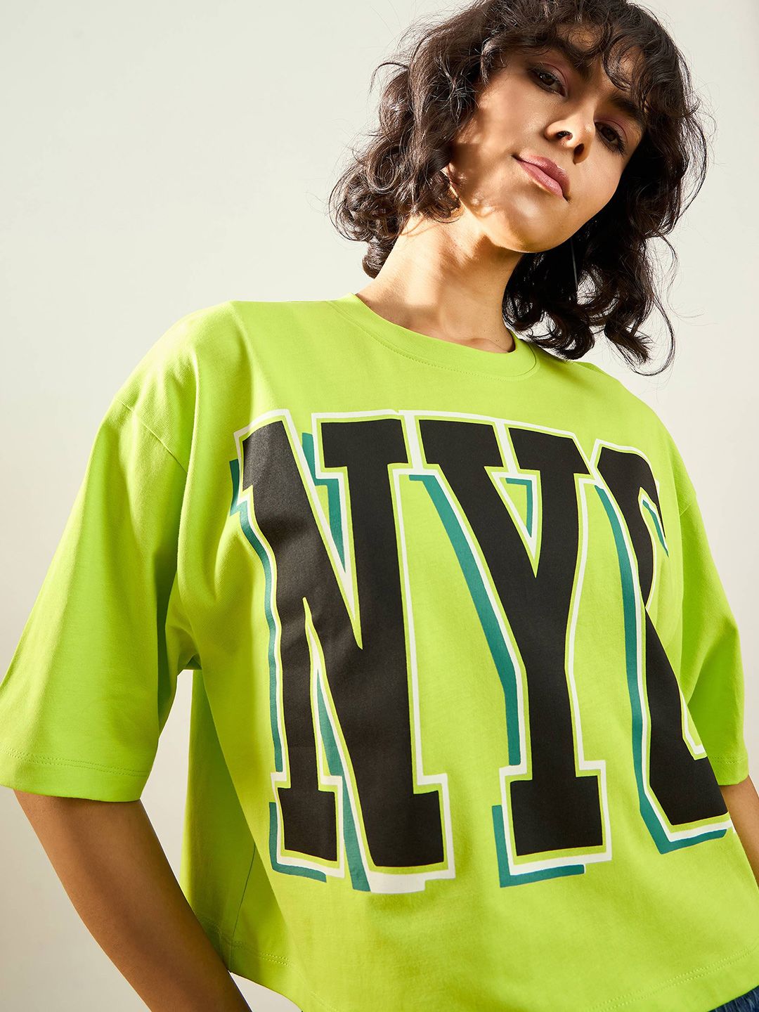 SASSAFRAS Green Typography Printed Round Neck Pure Cotton Oversized Crop T-shirt