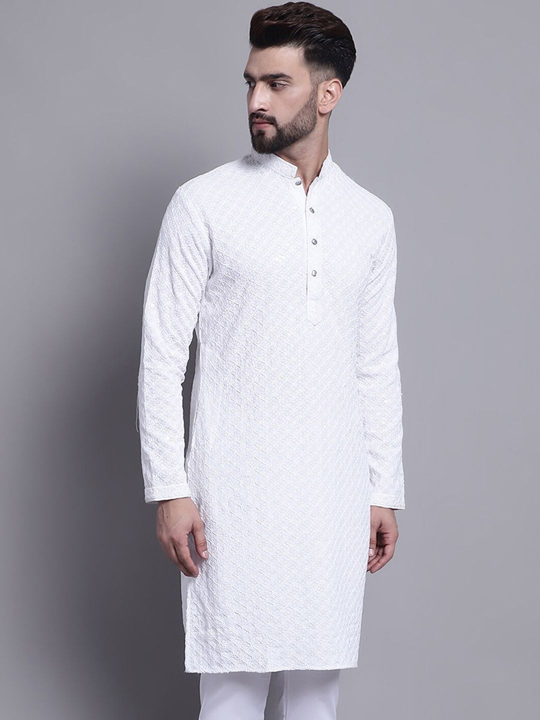 SOJANYA Mandarin Collar Chikankari Embroidered Pure Cotton Kurta