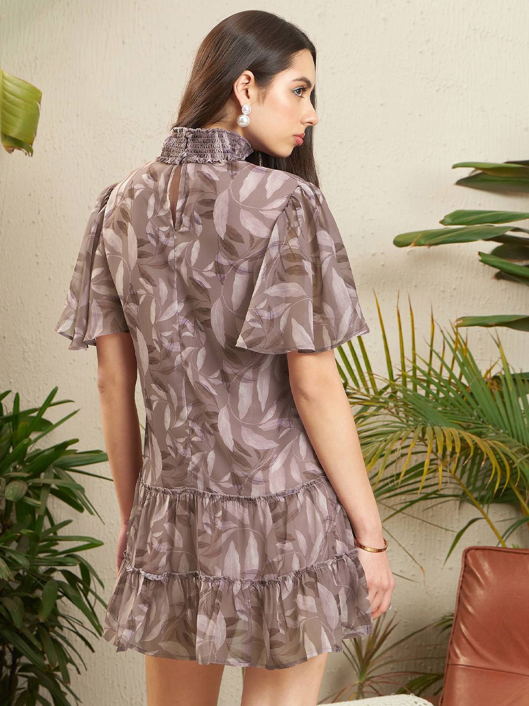 SASSAFRAS Brown Floral Printed High Neck Cut-Outs Georgette A-Line Dress