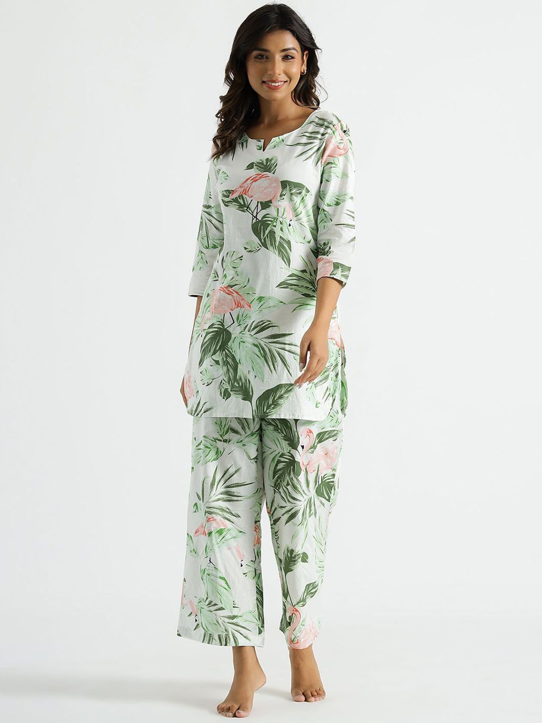 Mamicha Printed Pure Cotton V Neck Top With Trousers Co-Ords Set