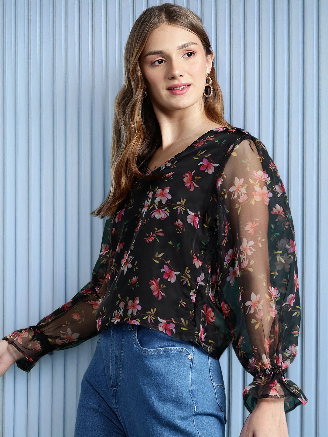 DressBerry Floral Print Puff Sleeves Top