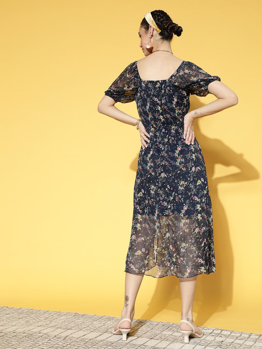 Athena Women Deep Navy Blue Floral Volume Play Dress