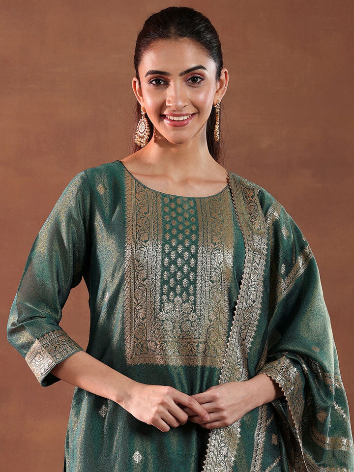 Libas Green and Gold Ethnic Motifs Woven Design Straight Kurta with Trouser & Dupatta