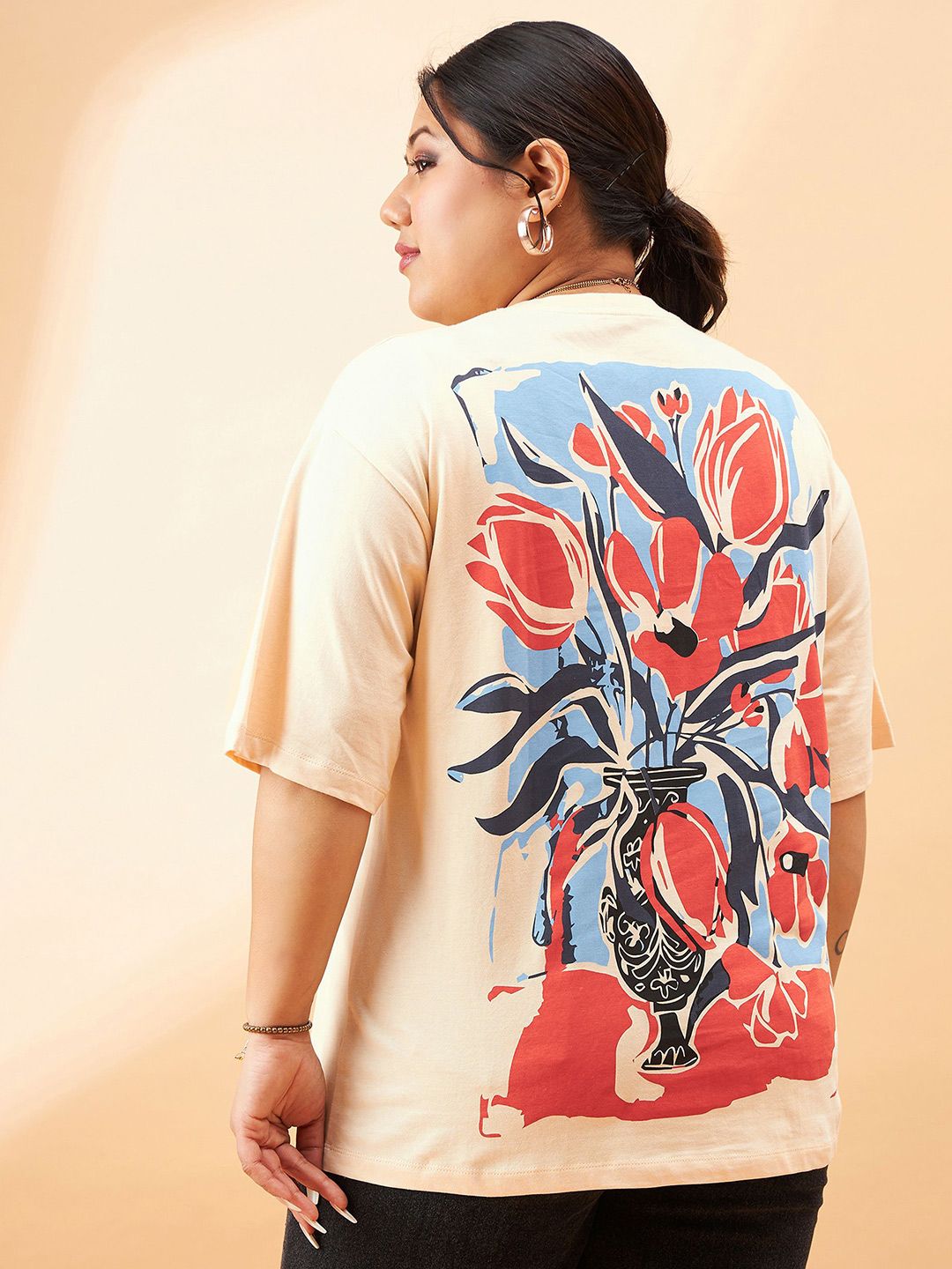 SASSAFRAS Curve Plus Size Floral Printed Pure Cotton Relaxed Fit T-shirt