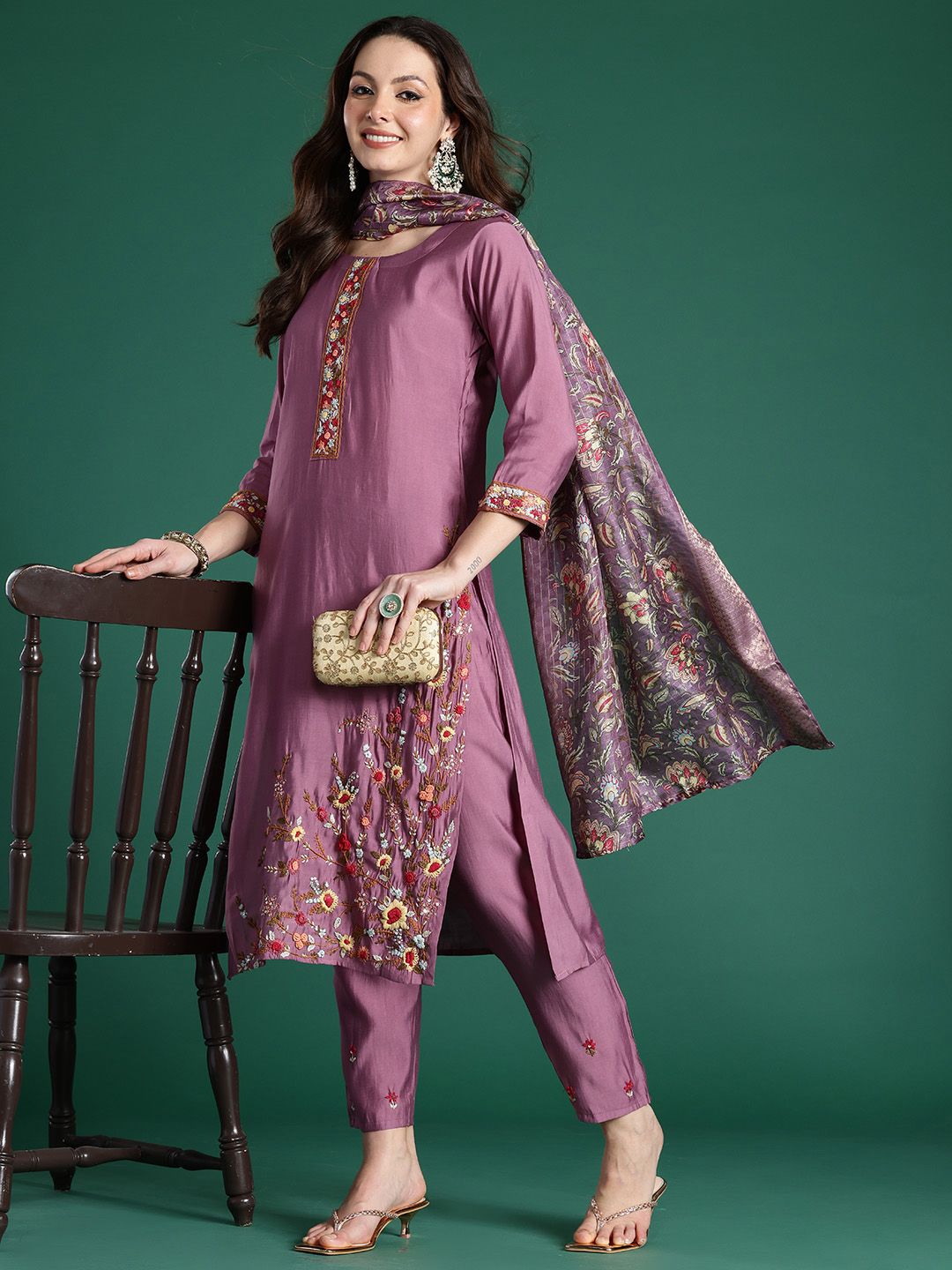Indo Era Floral Embroidered Thread Work Kurta with Trousers & With Dupatta