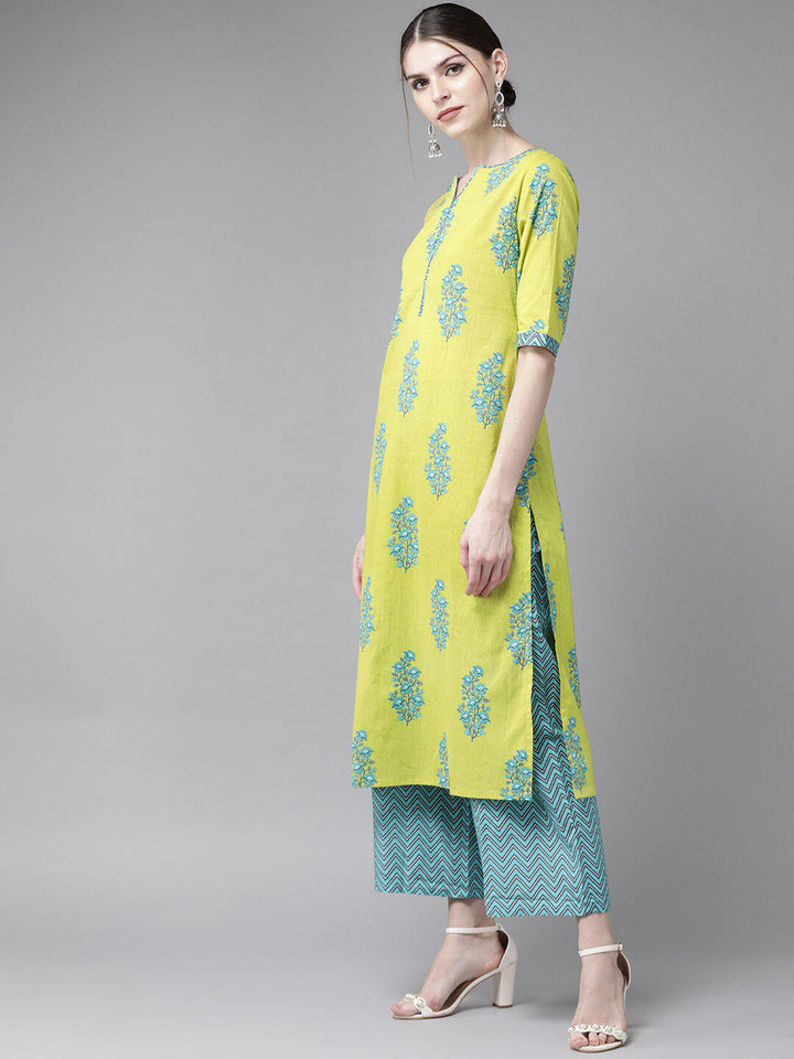 Libas Women Green Floral Printed Pure Cotton Kurta with Trousers & With Dupatta