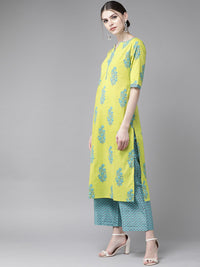 Libas Women Green Floral Printed Pure Cotton Kurta with Trousers & With Dupatta